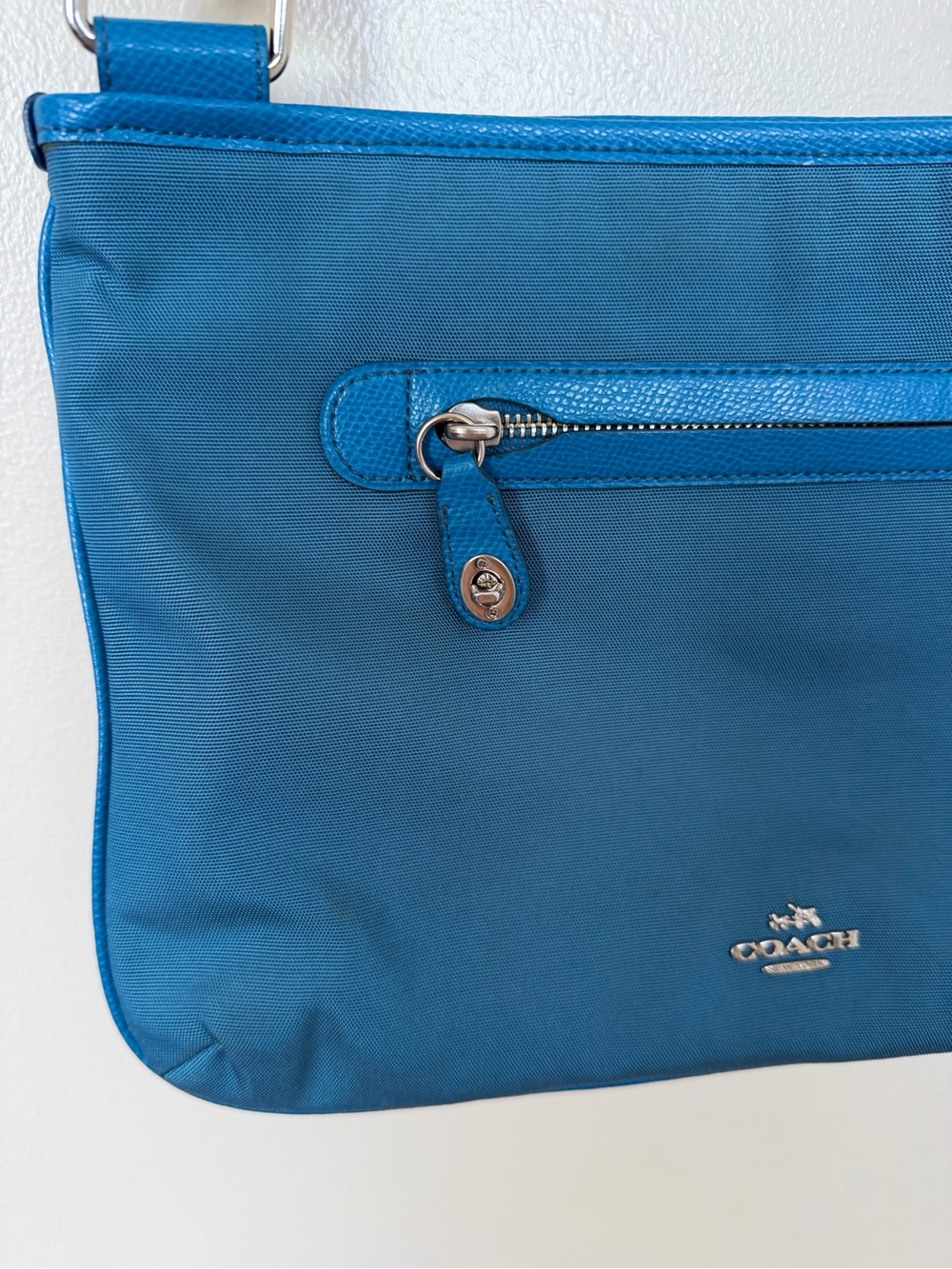 COACH Blue Nylon Crossbody Bag Messenger Shoulder Bag Leather Trim Zip Top - Picture 4 of 14